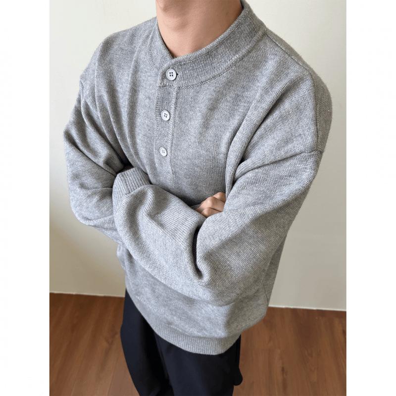 Grauer Henley-Kragen Pullover für Herren: Hochwertige Strickwaren für Frühling/Herbst, Lässiger Schnitt, Saubere Oberbekleidung.