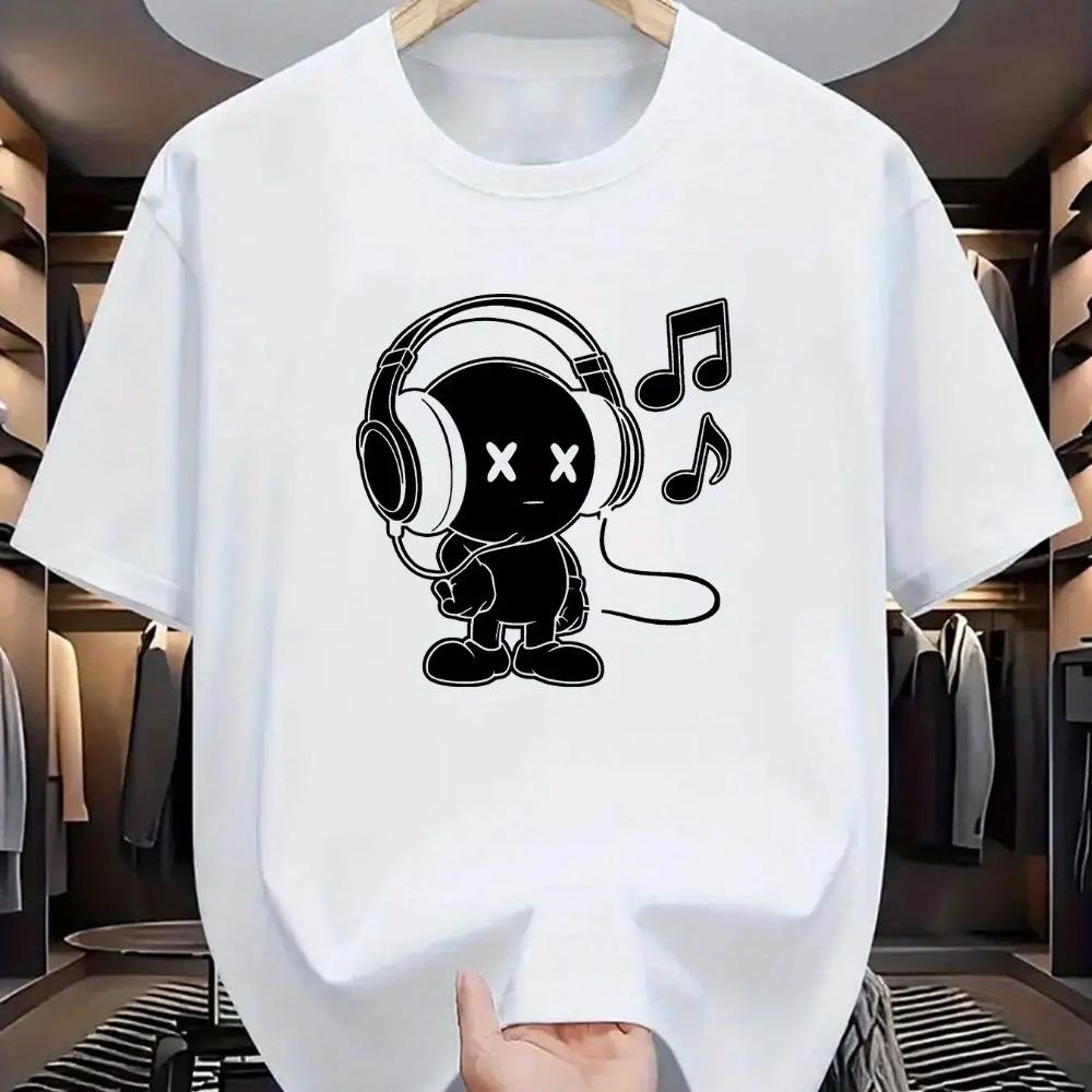 Summer Men's Cotton Casual Loose Fit Music Themed Printed Comfortable Sports Round Neck Short Sleeved T-shirt Top