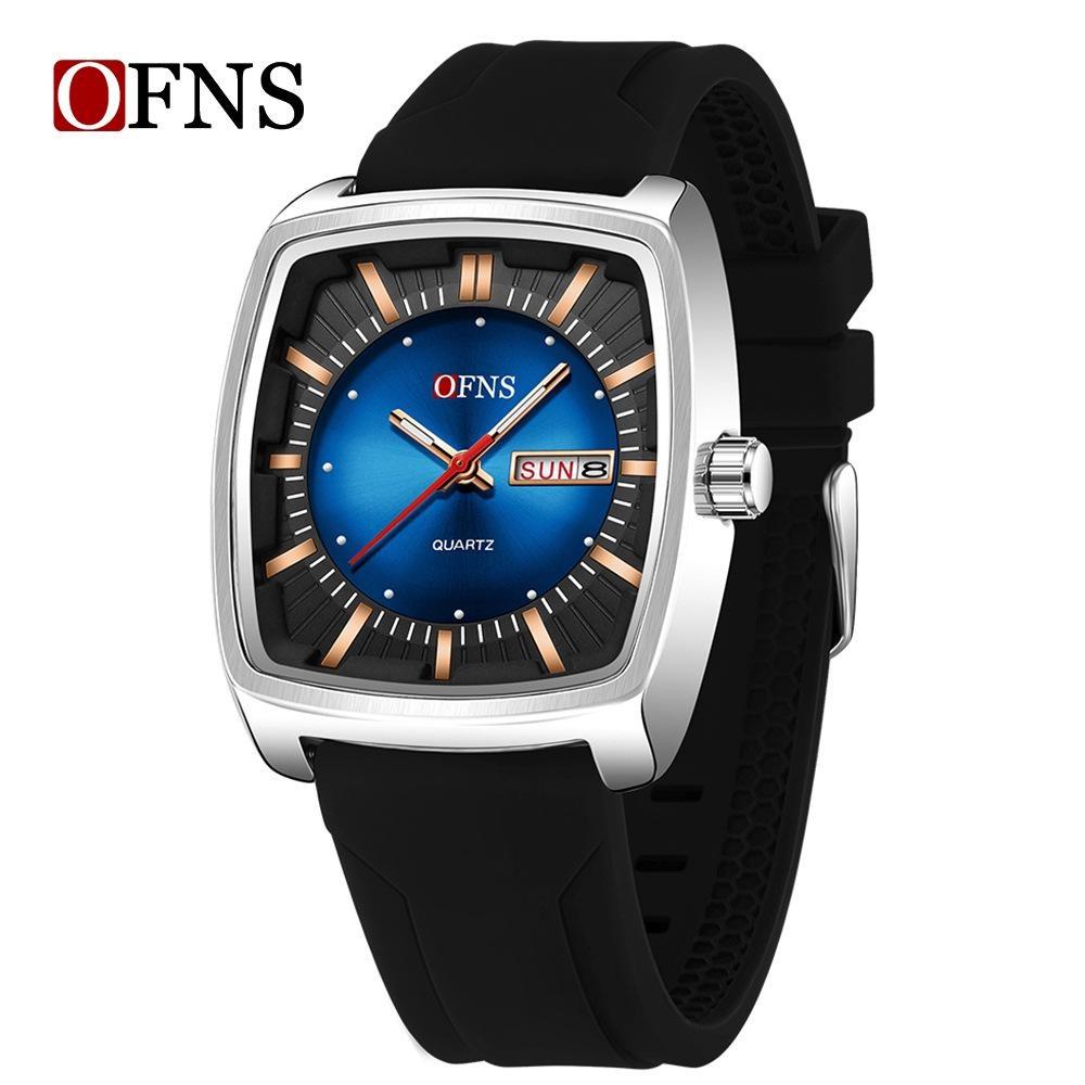 Men Watch Fashion Square Stainless Steel/Silicone Strap Waterproof Luminous Quartz Week Calendar Business Sports WristWatch