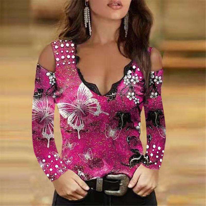 Spring V Neck T Shirt With Lace And Flower Print For Elegant Office Wear