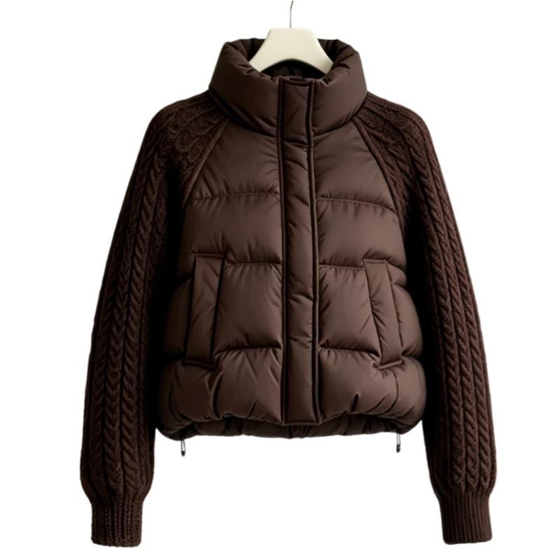 Winter neue Zopfstrickärmel-Patchwork-Baumwolljacke Damen Stehkragen kurz kleine Baumwolljacke