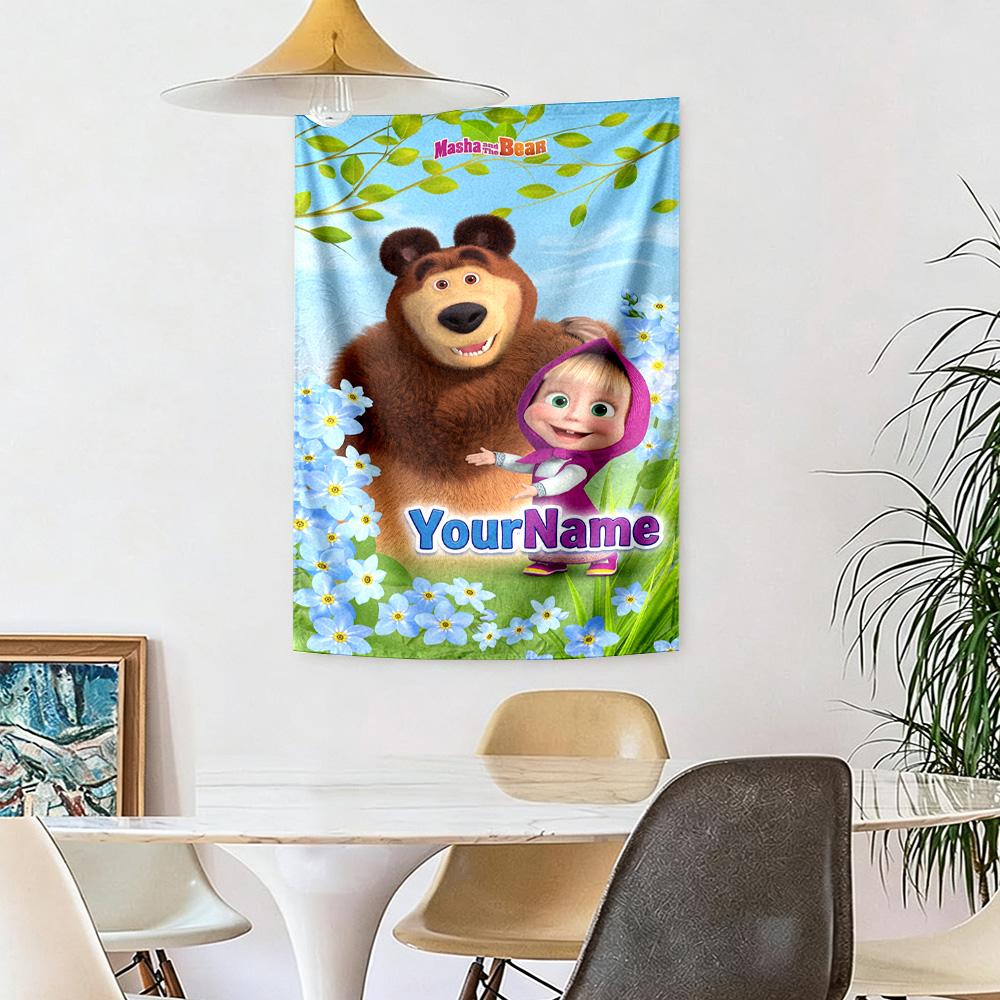 Masha Bear Custom Your Name Wall Decor Tapestry Art For Pet Memorial Birthdaywedding Party Backdrop Family Gift
