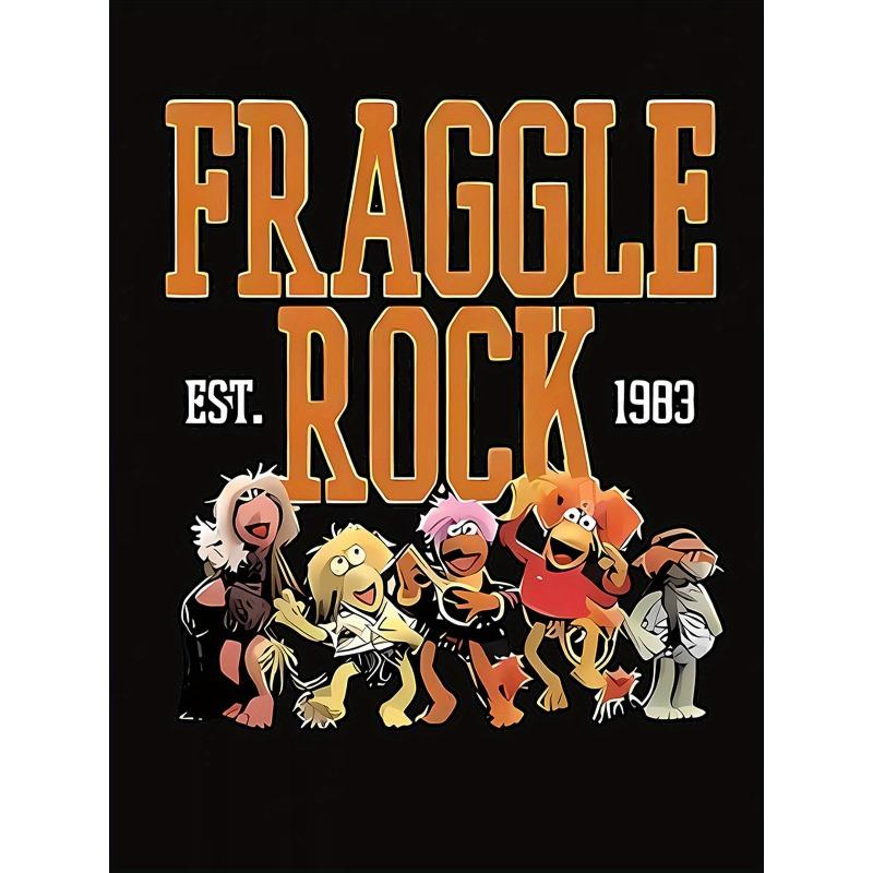 Europäische Größe 1 Stück Damen Freizeit-T-Shirt mit Rundhalsausschnitt, Fraggles Rock 1983 Aufdruck, Geometrisches Muster, Mittlere Dehnbarkeit, Ganzjahres Mode-Top