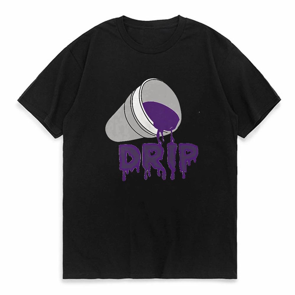 With Purple Liquid Drip Print and Drip Text Print T Shirt Summer Short Sleeve Crew Neck Top Tees Fashion Street Style Tshirt