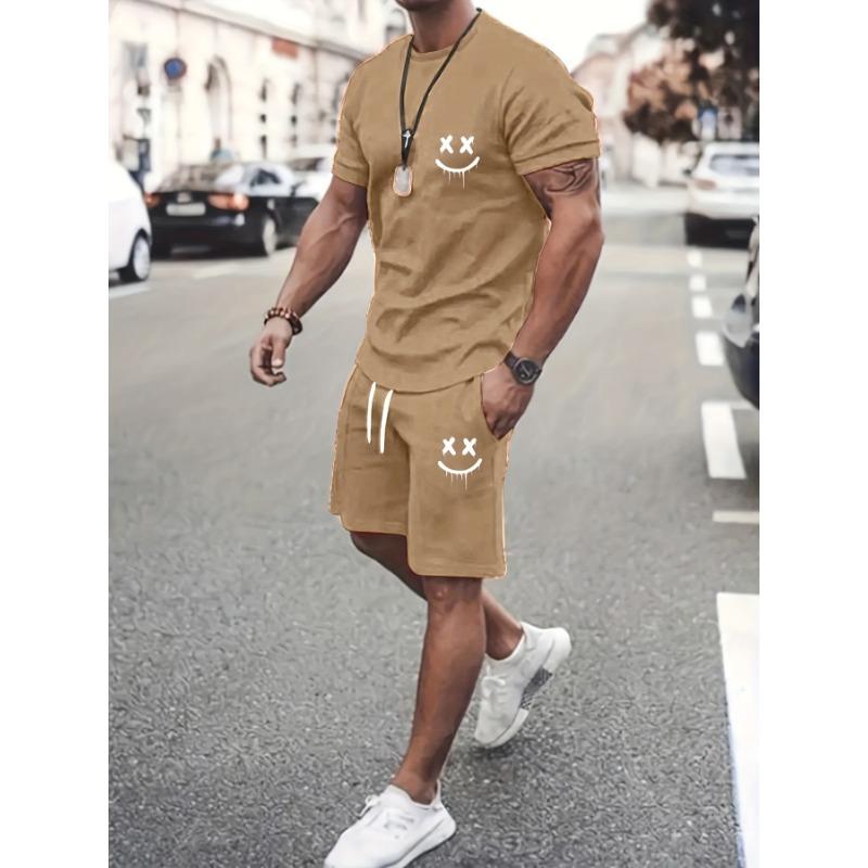 2-piece Men's Summer Casual Eyelash Print Set, Round Neck Short Sleeved T-shirt and Drawstring Shorts