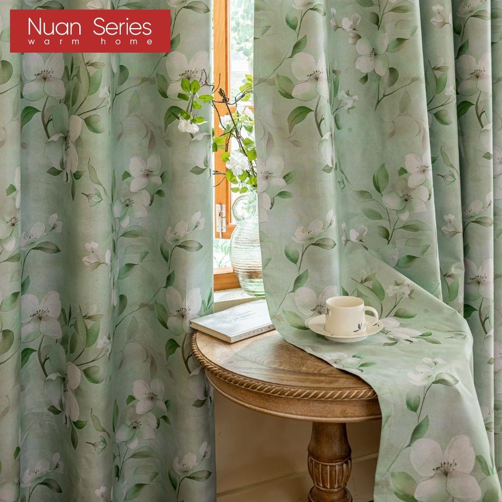 1PC Nuan Series Nordic Countryside Style Green Printed Curtains with Full Blackout Curtains for Bedroom Living Room Balcony Window for Home Decor