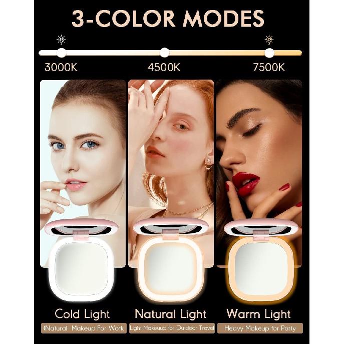 Beleuchteter Kompaktspiegel mit automatischem Ausschaltlicht, Taschenformat, Schminkspiegel für die Brieftasche, faltbar, dimmbar, 3