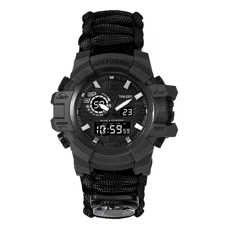 Men's Outdoor Survival Watch with Dual Display, Life-Saving Rope, Fire Starter, Whistle, and Compass