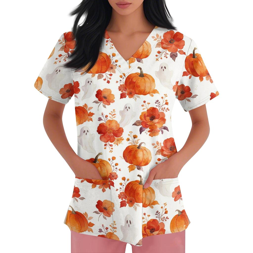 Women's short-sleeved Halloween print V-neck pocket protective work shirt