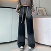 Plus Size Women's Black Denim Pants, Loose Elastic Waist, Wide-Leg, Straight, Floor-Length, Winter Extra Thick, Slimming, Fits Up to 200 Jin.