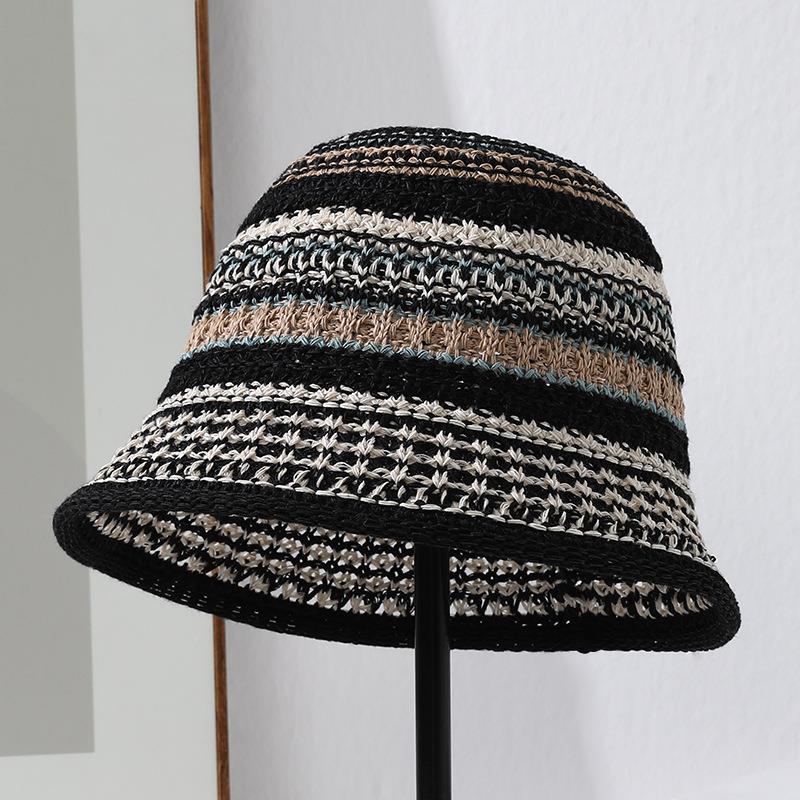 Women Vintage Weave Striped Color Matching Sweet Beach Versatile Sun Shade Casual Bucket Hat