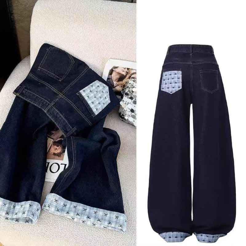 Women's High-Waist Dark Blue Denim Pants - Winter Lazy Style with Contrasting Letter Embroidery and Plus Velvet Wide Leg Design.