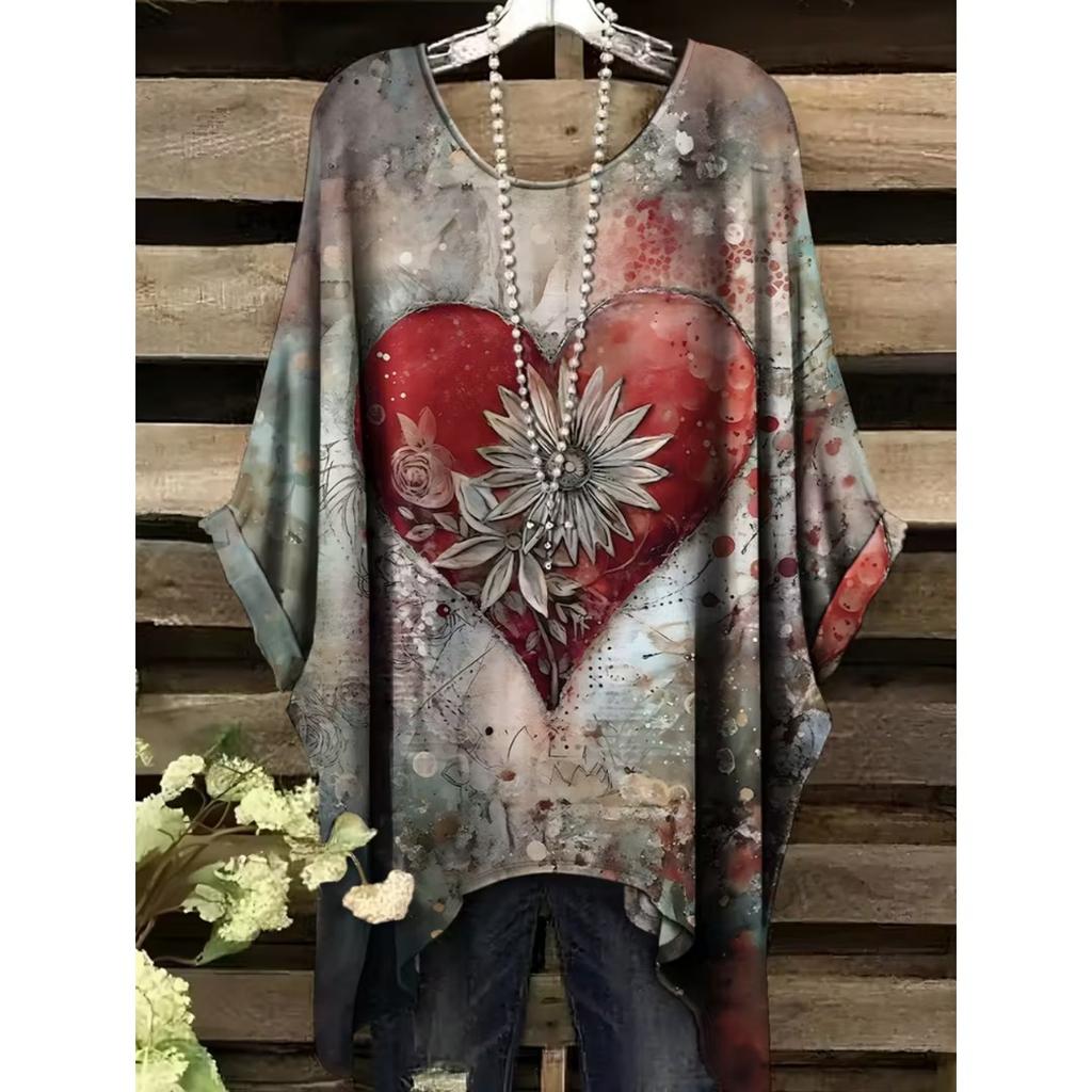 Elegantes Bohemian Chic Übergroßes Einfaches Retro Liebesdruck Druck Damen T-Shirt Asymmetrischer Saum Rundhalsausschnitt Vielseitige Damenbekleidung