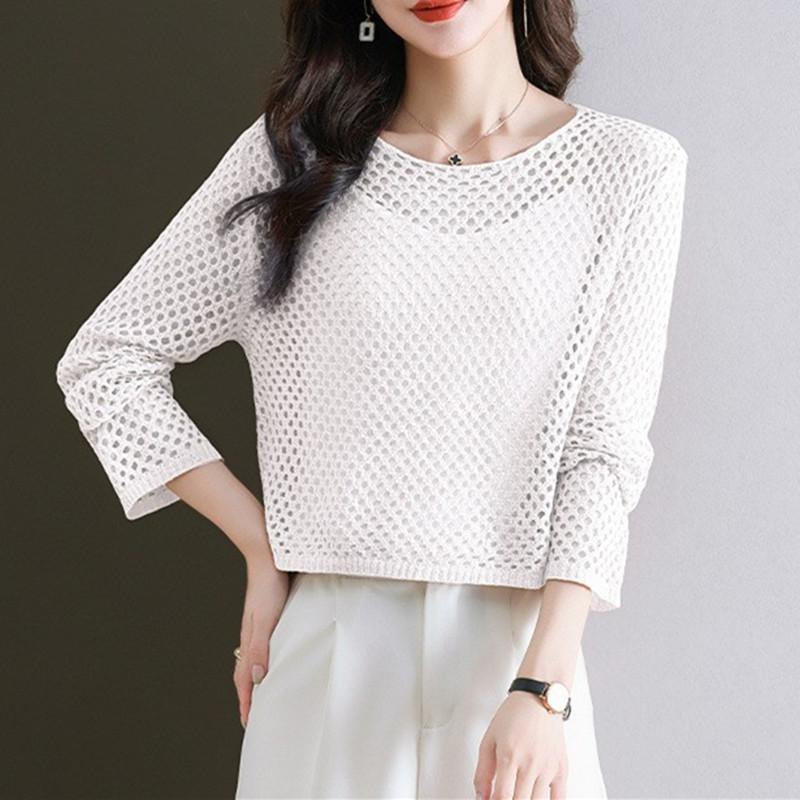 

Летний тонкий женский трикотажный топ-свитер из ледяного шелка, свободная повседневная ажурная маленькая футболка S