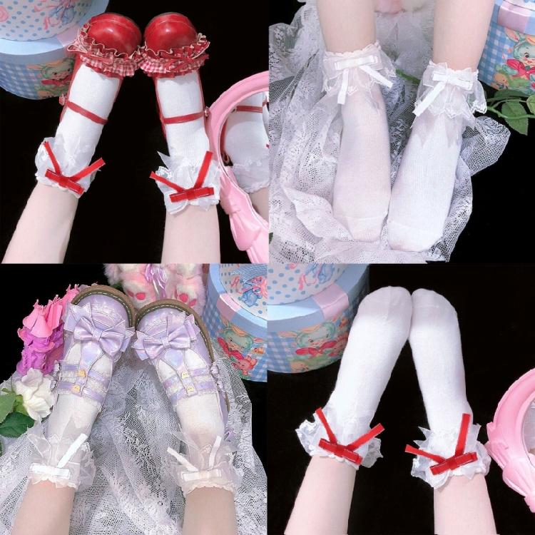 Calcetines Tobilleros Dulces para Mujer con Lazo y Nudo Calado Japonés Lindos Calcetines de Algodón con Volantes y Encaje
