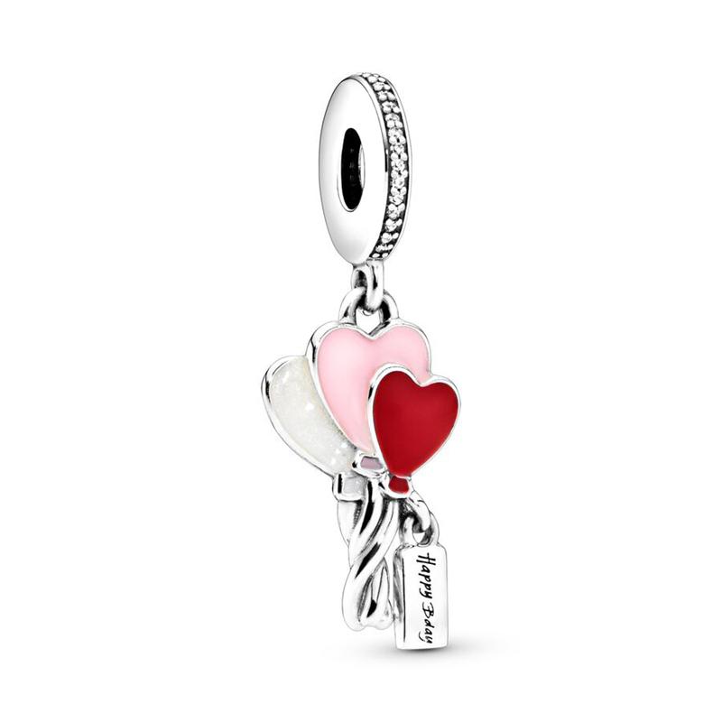 925 Silver-Plated Charms Jewelry Gift Sparkling Pink Air Balloon&Cherry Blossom Dangle Bead Fit Original Silver Bracelet