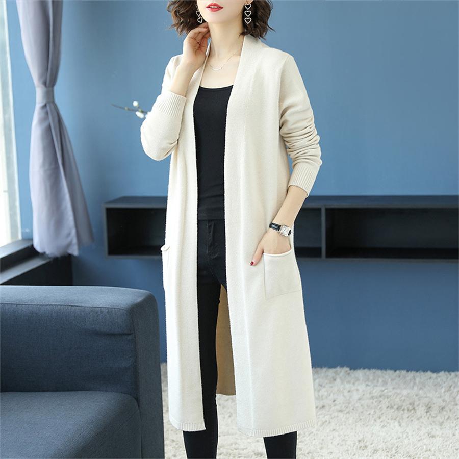 Übergroße Lässige Gestrickte Midilange Strickjacke Frühling Herbst Elegant Damen Locker Strickwaren Oberteile Koreanisch Langarm Pullover Mäntel