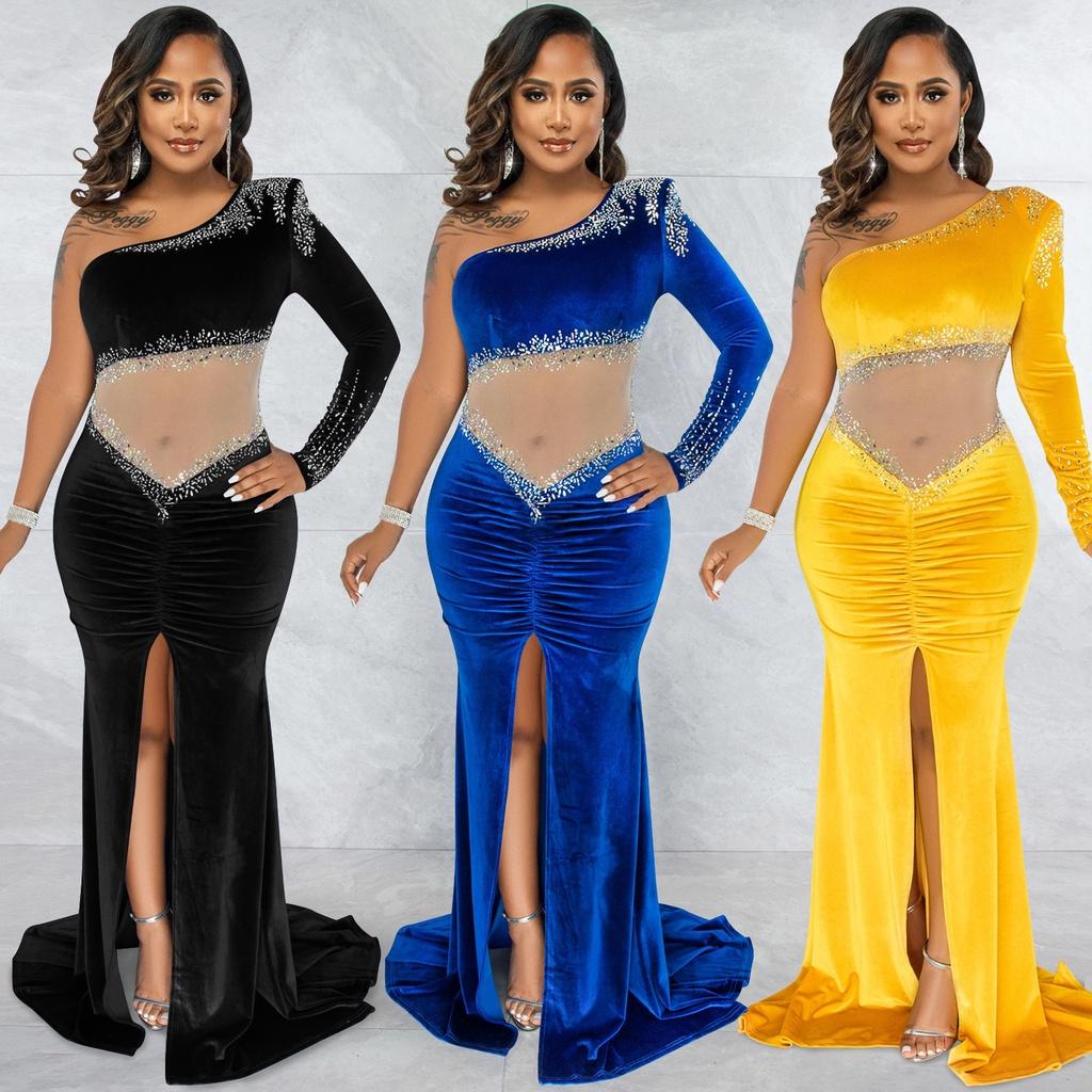 

Женское элегантное длинное платье со стразами и длинными рукавами, с разрезом на плечах, свадебное макси-длинное платье, свадебное платье для невесты, вечерние платья