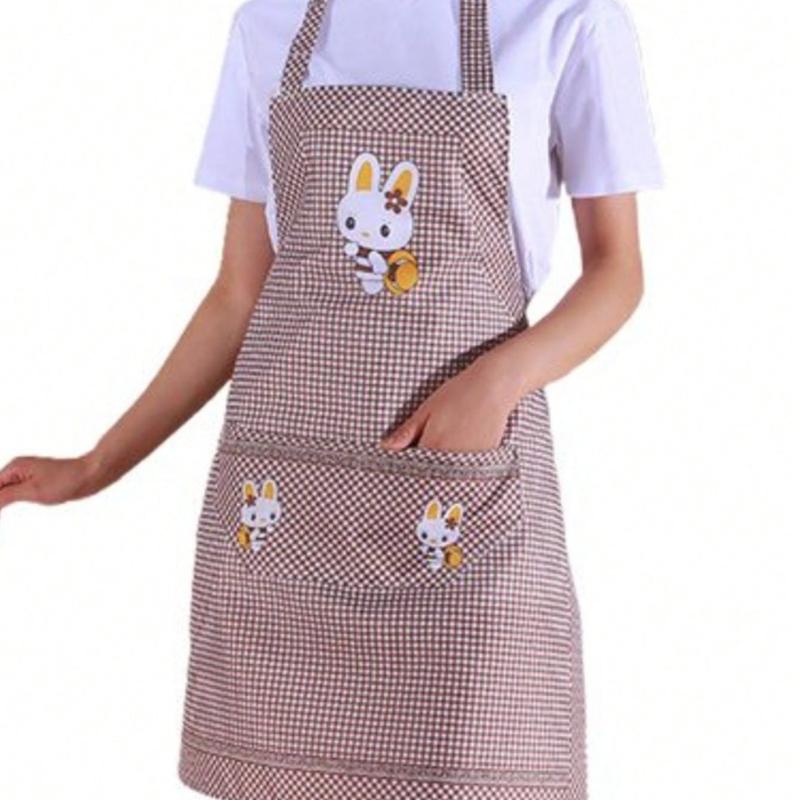 Checkered Bunny Apron - Brown Cartoon Pattern Kitchen Apron, Lightweight Breathable Sweat-Absorbent  Suitable for Baking BBQ Cleaning Housework