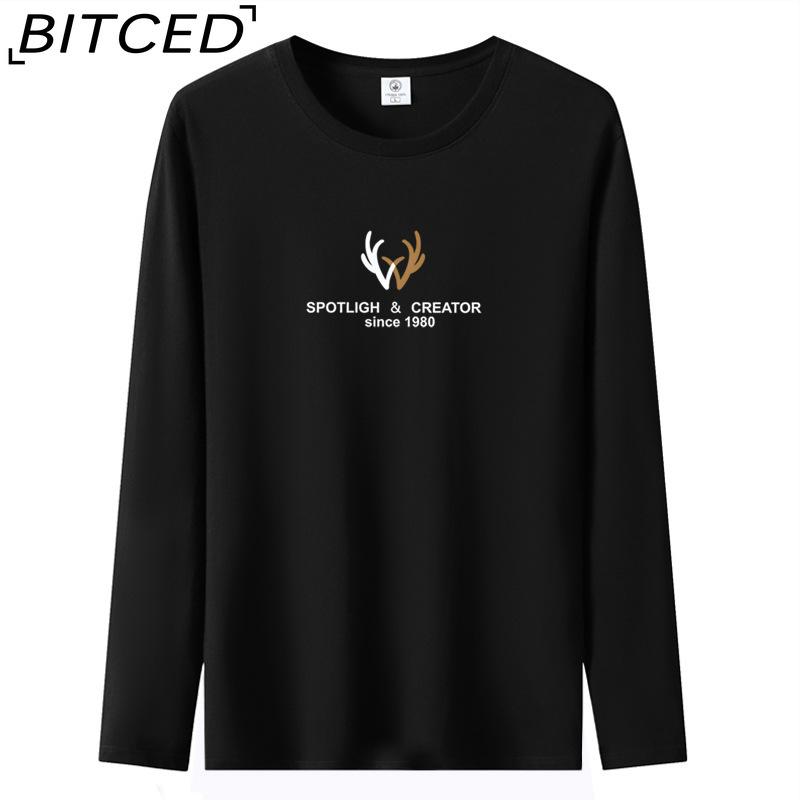 BITCED Мужская футболка с длинными рукавами, облегающая, весна-осень, универсальная рубашка с круглым вырезом