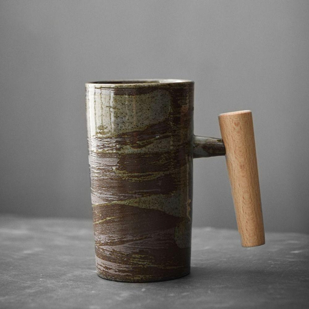

Fashion Wooden Handle Ceramic Mug Vintage Handmade Coffee Cup Drinking Cups 50ml зелений