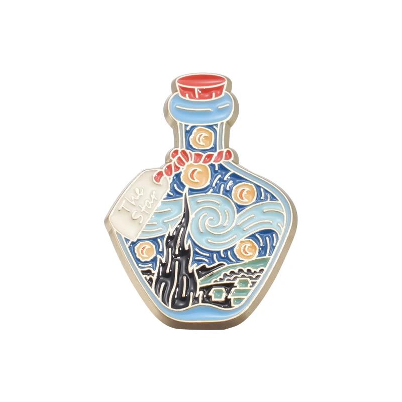 Classic Oil Painting Created By Van Gogh Enamel Pins Starry Moon Night Sunflower Waves Brooches Lapel Badge Art Painting Jewelry