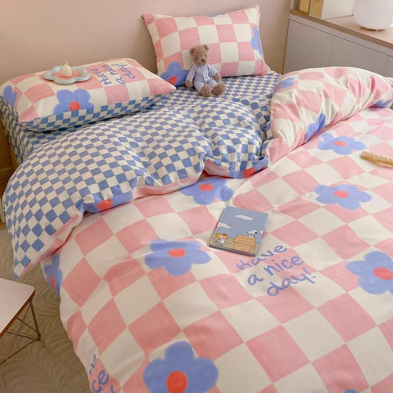 Kawaii Cherry Duvet Cover Set Pillowcase Flat Sheet Floral Boys Girls Twin Full Size Soft Bedding Kit Korean Ins Style Home Use