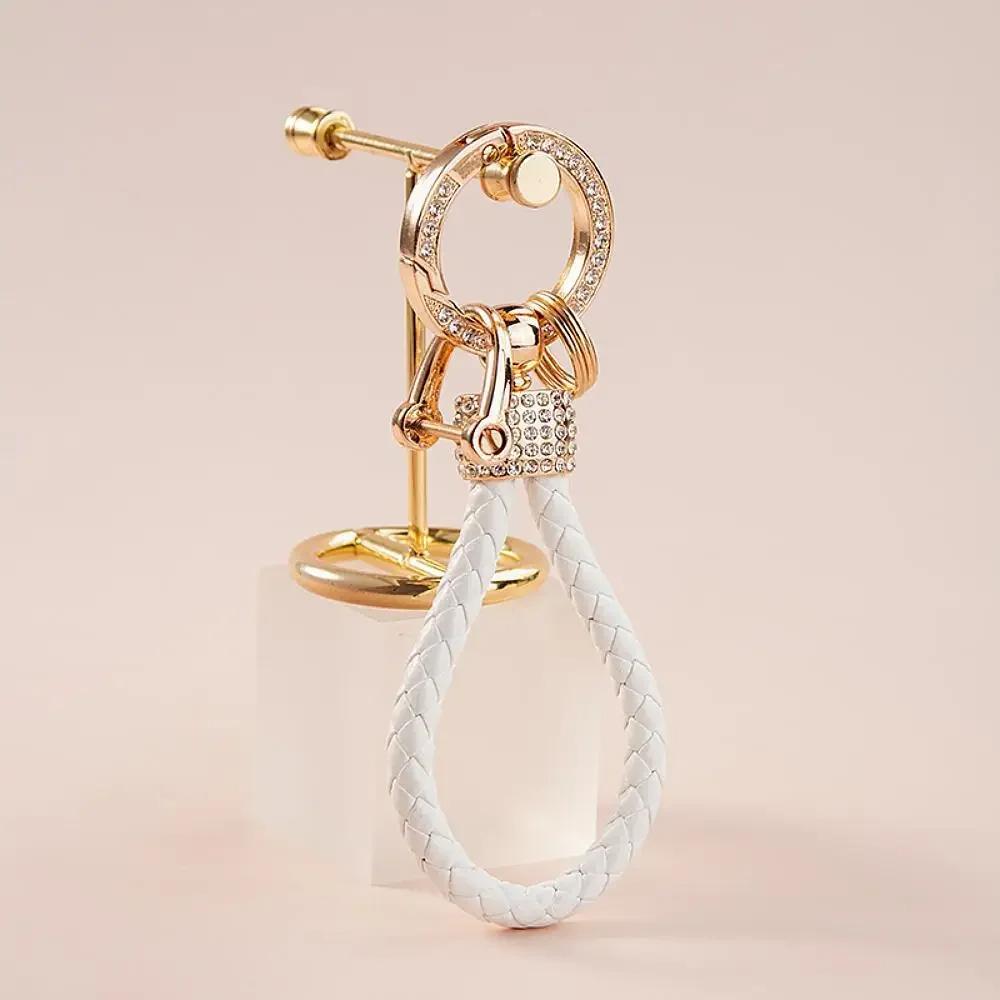1pc Handcrafted Braided Rope Keychain Sparkling Rhinestones - Stylish Monochrome Car Key Ring Fashion-Forward Accessory