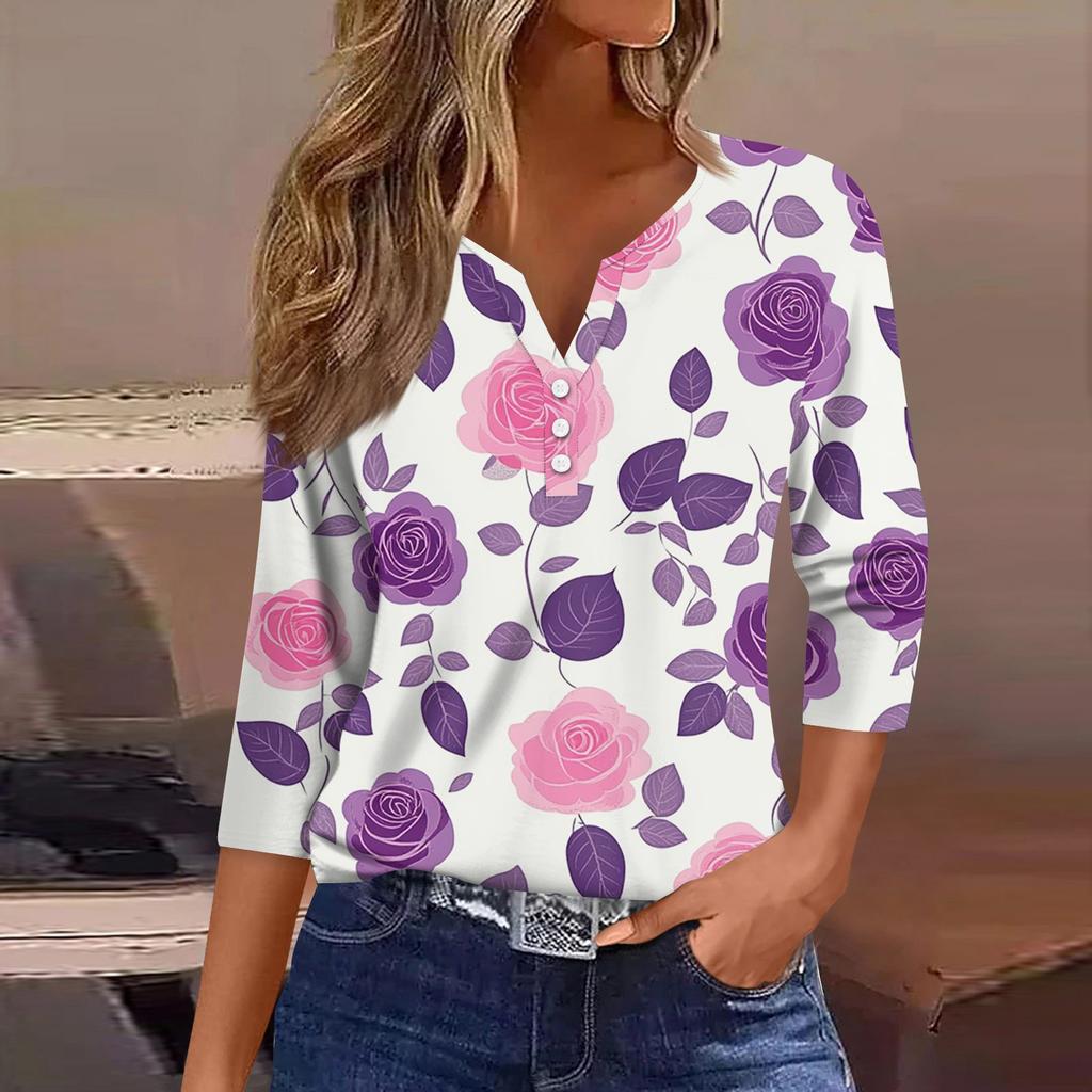 Women's T Shirt Tee Print Button 3/4 Sleeve Daily Weekend Fashion Basic V Neck Regular Top
