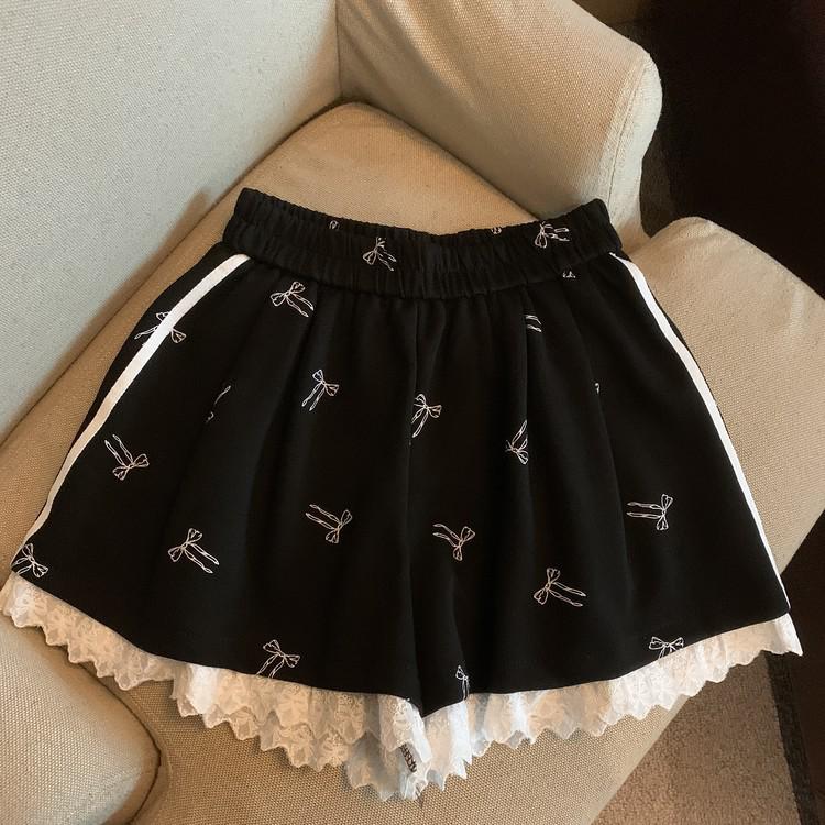 Women's Elastic Waist Lace Bowknot Print Summer Casual Wide Leg Shorts