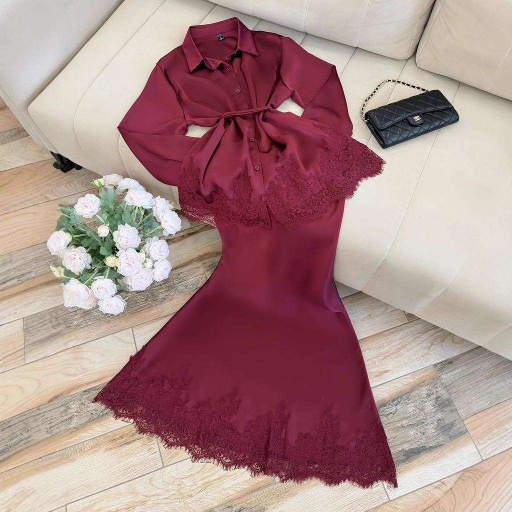 Women's 2026 Spring New Dress Set: Elegant Lace Patchwork Tie-Up Long-Sleeve Shirt and Skirt Two-Piece Set