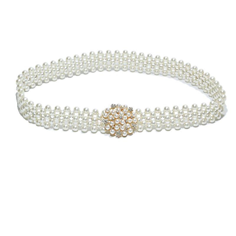 Cross-border women's belt - ladies' casual decorative rhinestone & pearl buckle slim waist belt