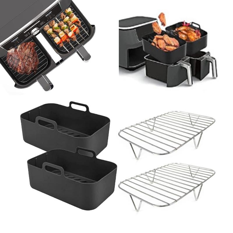 Air Fryer Accessories Set 2pcs Stainless Steel Rack and 2pcs Baking Tray Silicone Basket Air Fryer Liner for Kitchen