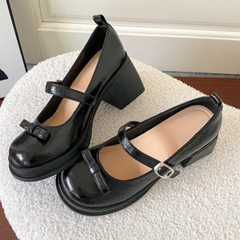 Fashion Fashion Bow One Slip Block Heel Single Shoes Autumn New Round Toe Shallow Mouth Platform Heels