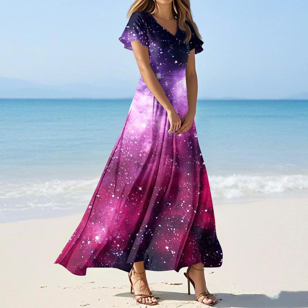 Women's Summer Casual Fashion -Print V-Neck Short-Sleeve Patchwork Dress