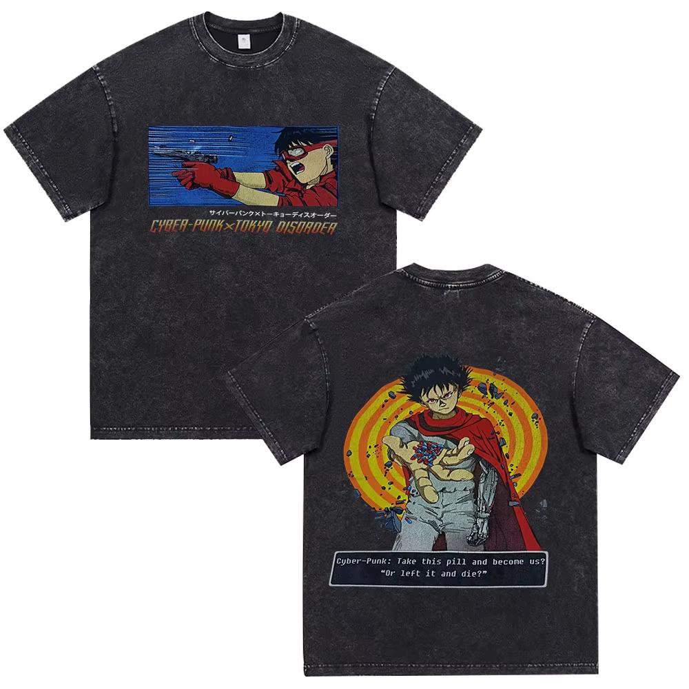 Japanese Anime Akira Washed Vintage T Shirt Science Fiction Cartoon Movie Shotaro Kaneda T-shirt Men Daily Wear Cool Top