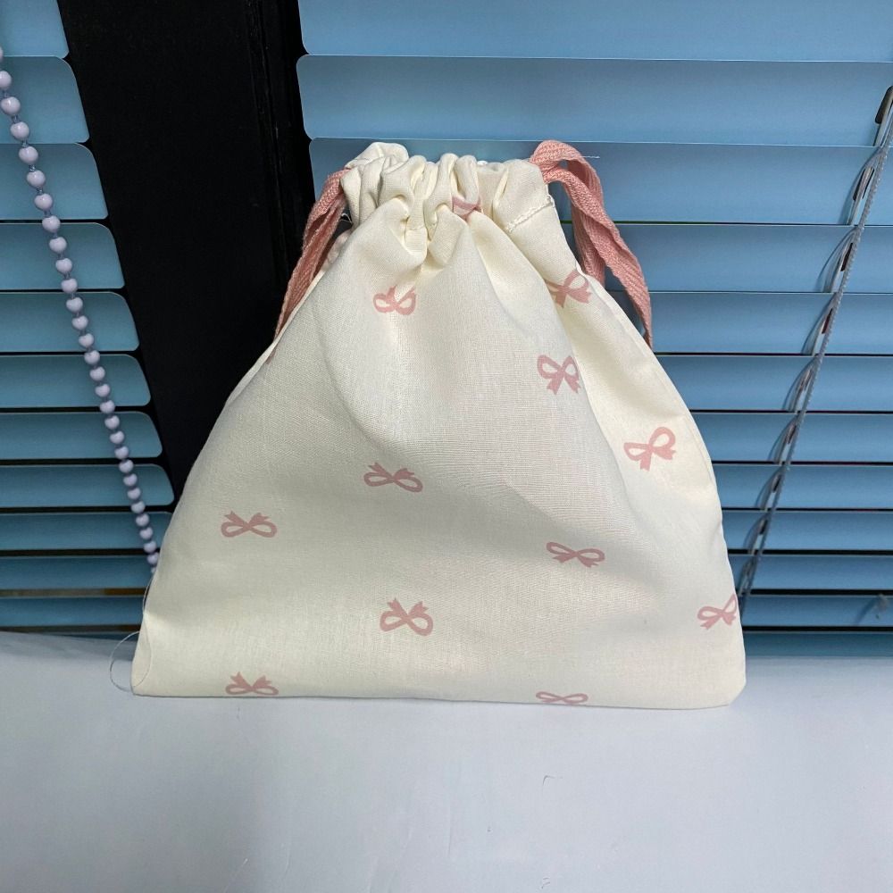 Casual Canvas Bow Print Drawstring Backpack Lightweight Large Capacity Storage Hanging Bag foldable Gym Sack Travel