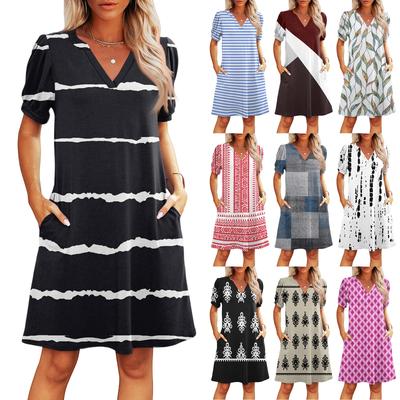 Women's Summer V Neck Casual Beach Dresses Pods Short Sleeve Striped Geometric Printed Dresses