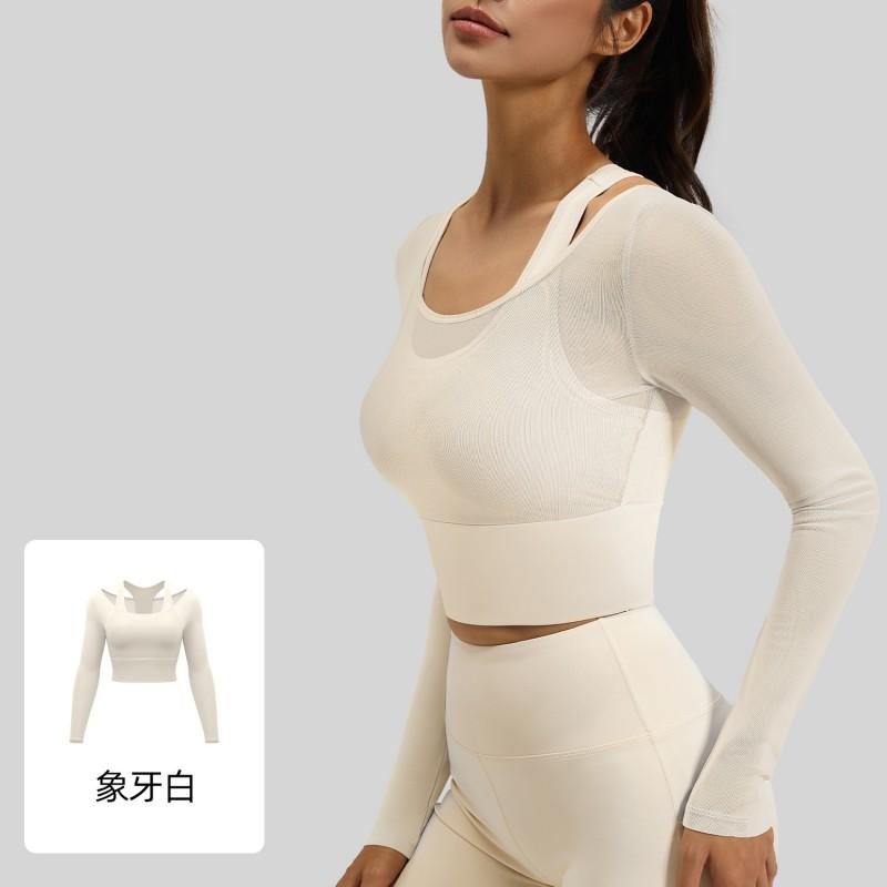 Womens Long Sleeve Mesh Overlay Workout Top With Built-in Bra Support Slim Fit Yoga Sports Tee Pilates Training