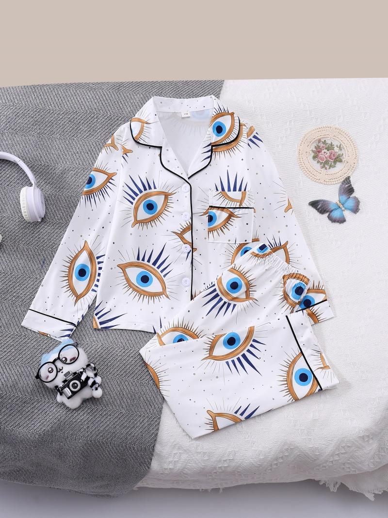 Girls Long Sleeve Pajamas - Cartoon Blue Eyes Design Size 110