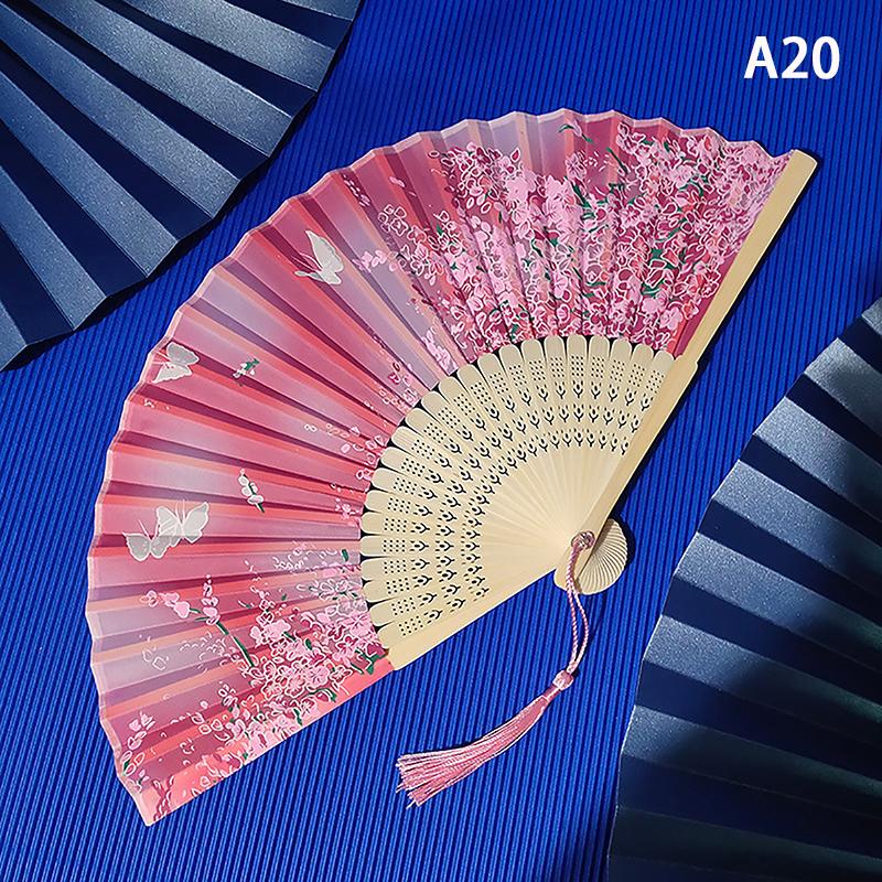 Vintage Chinese Style Folding Fan Bamboo Hand Fan Wooden Shank Classical Dance Fan With Tassel Elegent Female Fan Home Decor