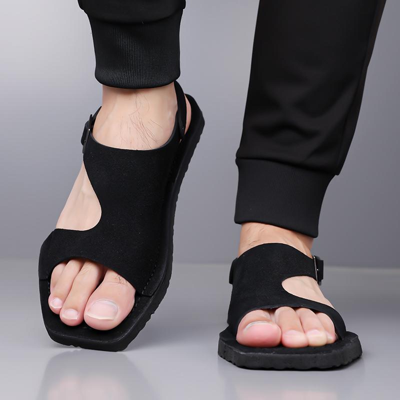 Men Black Sandals Slippers Handmade Simple Flats Summer Roman Sandals Open Toe Beach Shoes Plus Size