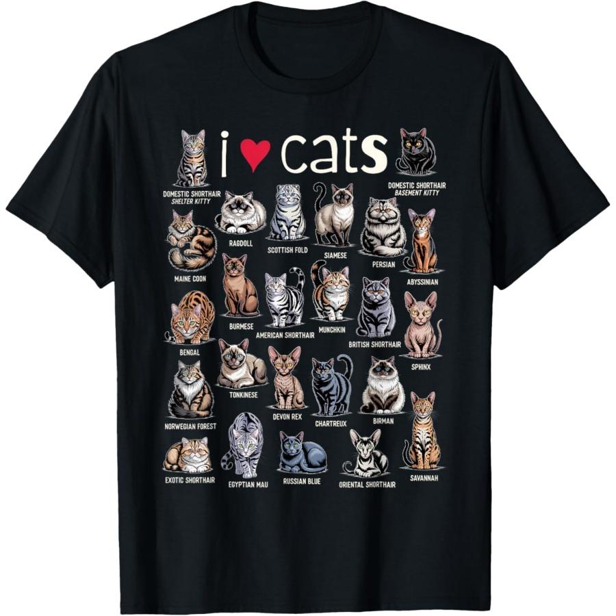 I Love Cats Popular Cat Breeds in America Ultimate Cat Lover T-Shirt S