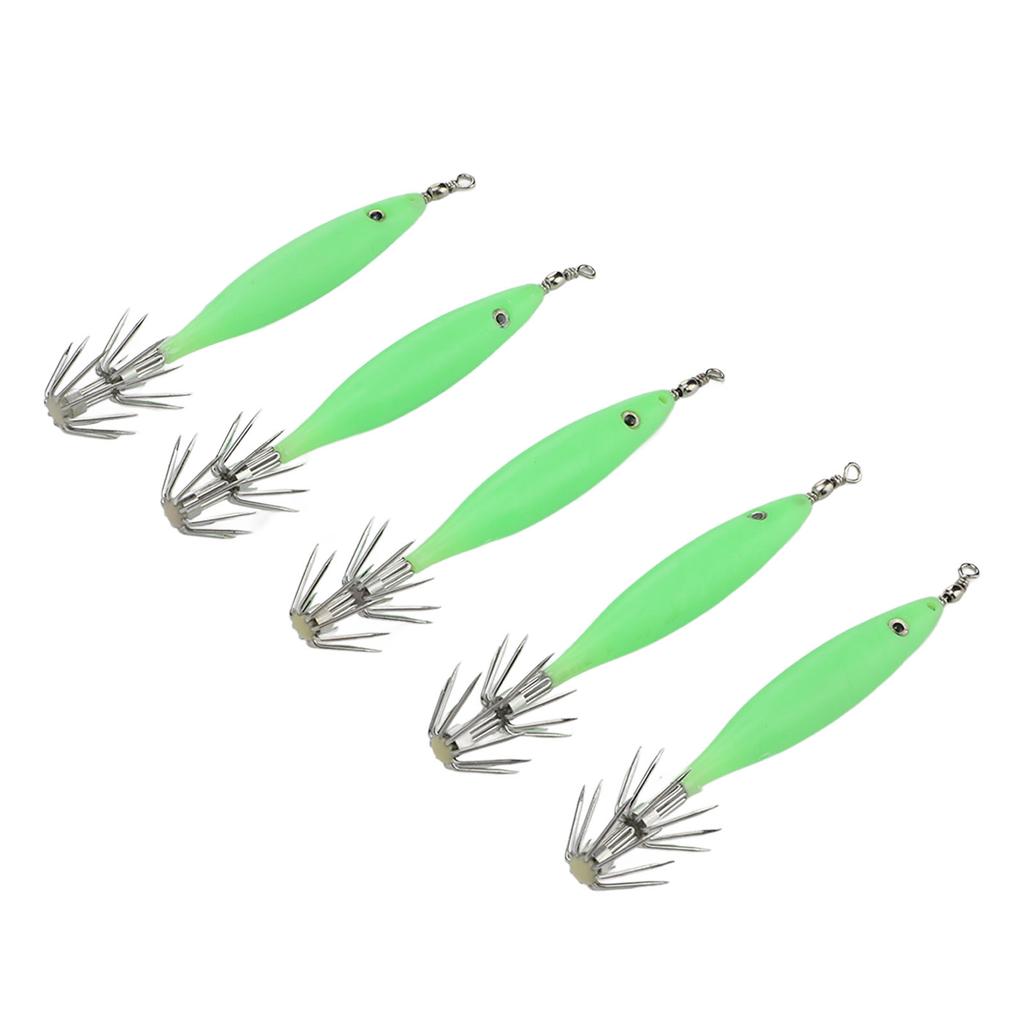 5Pcs 8cm Fishing Lure with Hook Cuttlefish Jig Wood Shrimp Bait for Outdoor Saltwater Freshwater Luminous Green