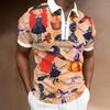 Halloween Themed Short Sleeve Polo, Casual Zip-up with Witch & Pumpkin Prints