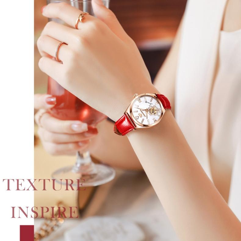 JINSHIDUN Brand Fashion Hollow Inlaid Diamond Four-leaf Clover Mechanical Watch Waterproof Women's Watch