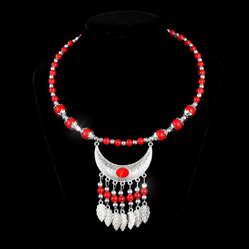 Ethnic Style Collar Necklace Ethnic Style Headdress Hair Accessories Crescent Leaf Tassel Seedling Silver Necklace Bridal Accessories