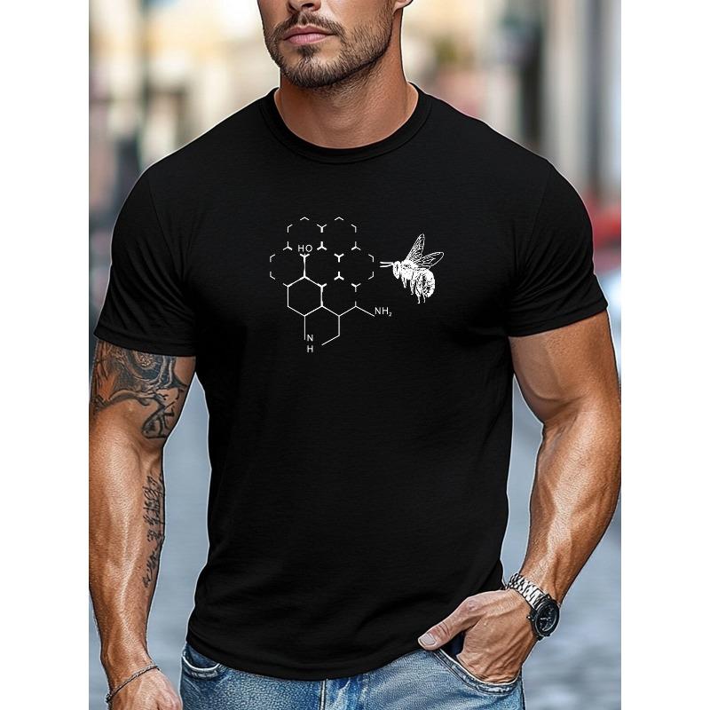 European Sizes Men'S T-Shirt, Relaxed And Casual, Easy-Going Leisure, Featuring a Summer Round-Neck Short T-Shirt with a Bee And Chemical Molecule