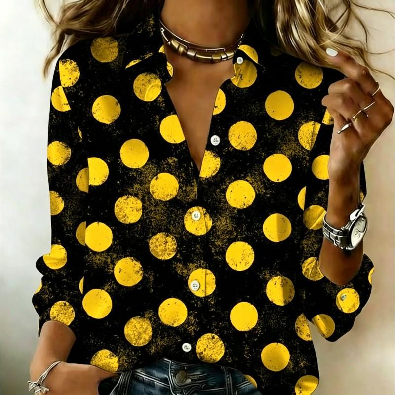 Women Satin Long Sleeve Shirt Big Polka Dot Print Blouse Lapel Single Breasted Loose Office Tops