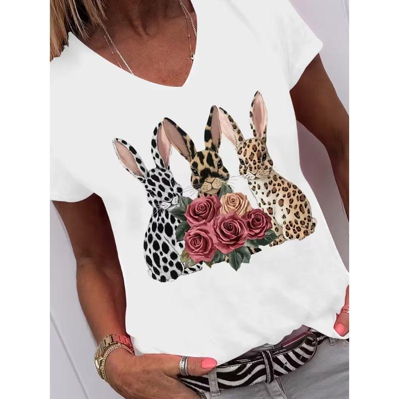 T-shirt à manches courtes pour femme avec imprimé floral et feuilles, col en V
